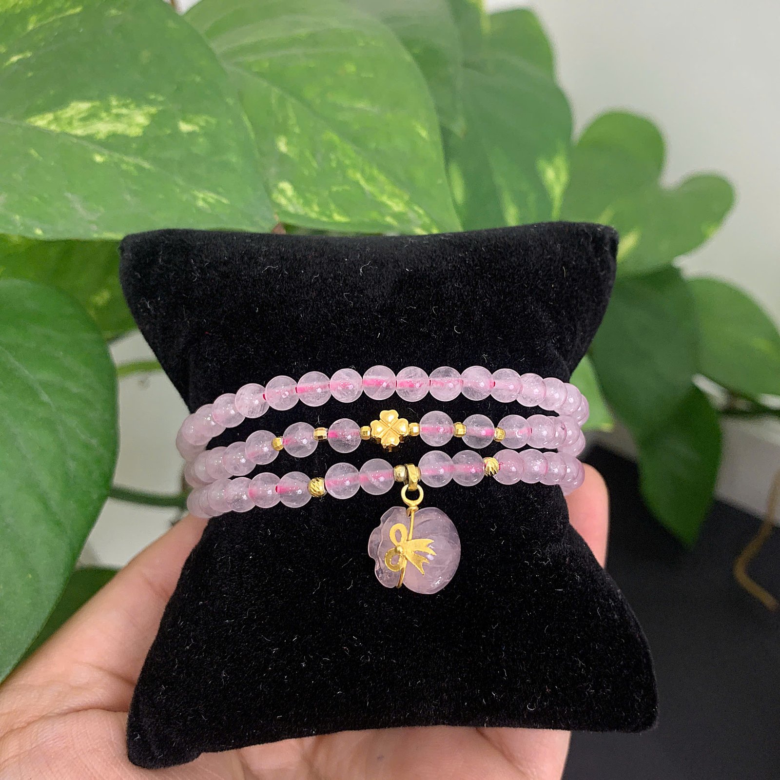 💗 VÒNG TAY QUẤN 3 THẠCH ANH HỒNG MIX CHARM CỎ 4 LÁ & TÚI TIỀN MAY MẮN 🍀🍀🍀